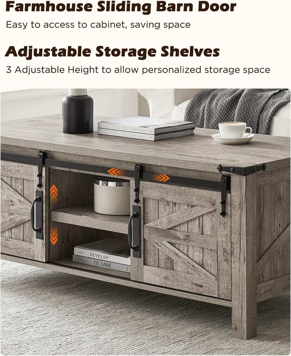 OKD 48" Farmhouse Lift Top Coffee Table Sliding Barn Door, Light Rustic Oak