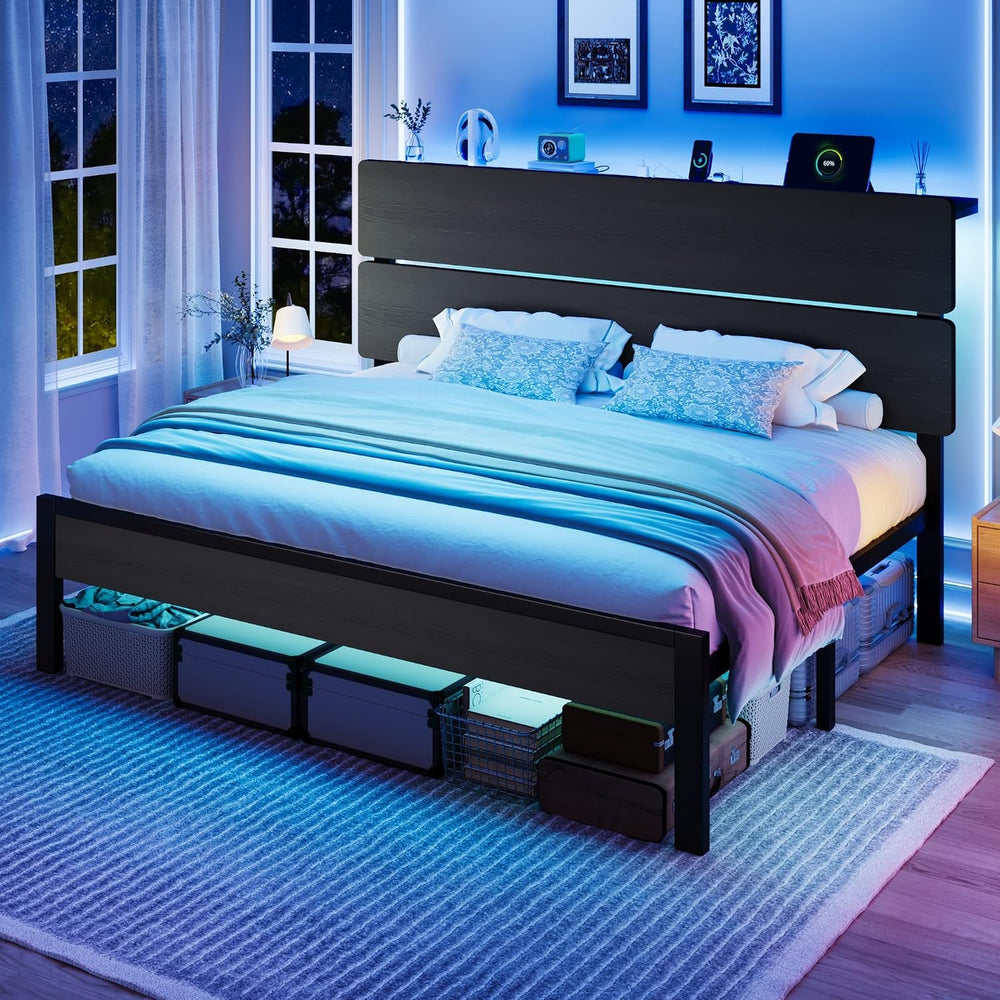 SHA CERLIN King Size Bed Frame, Led Light, Charging Station, Storage Shelf