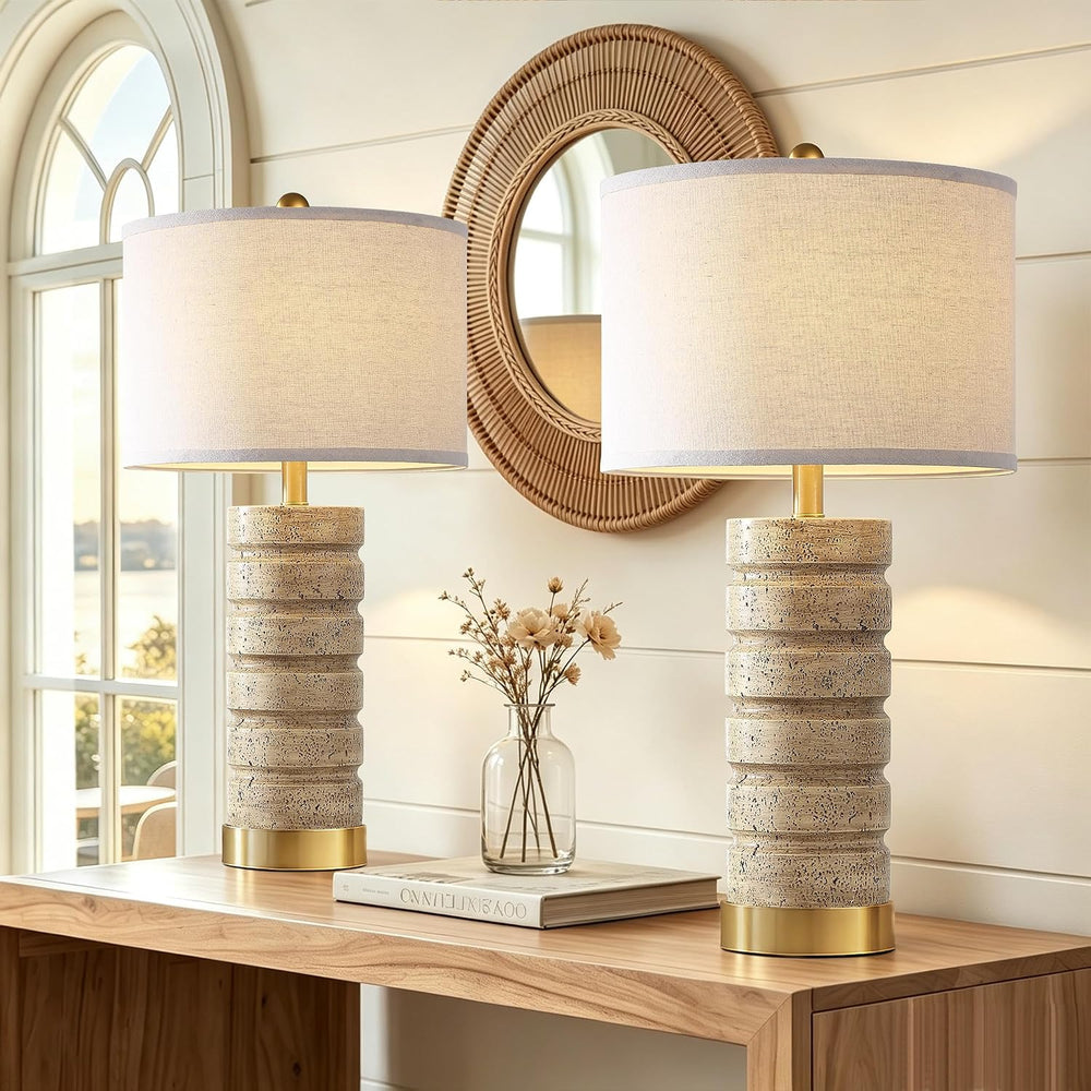 AIEAMPDO 26" Set of 2 Travertine Resin Table Lamps for Bedroom, Brass Base