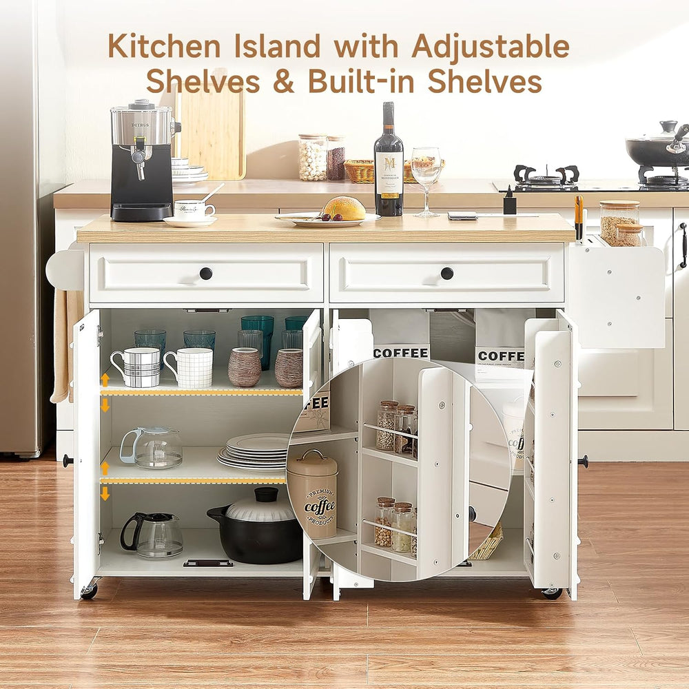 ONBRILL 58" Kitchen Island with Power Outlet, Rolling Kitchen Cart, White