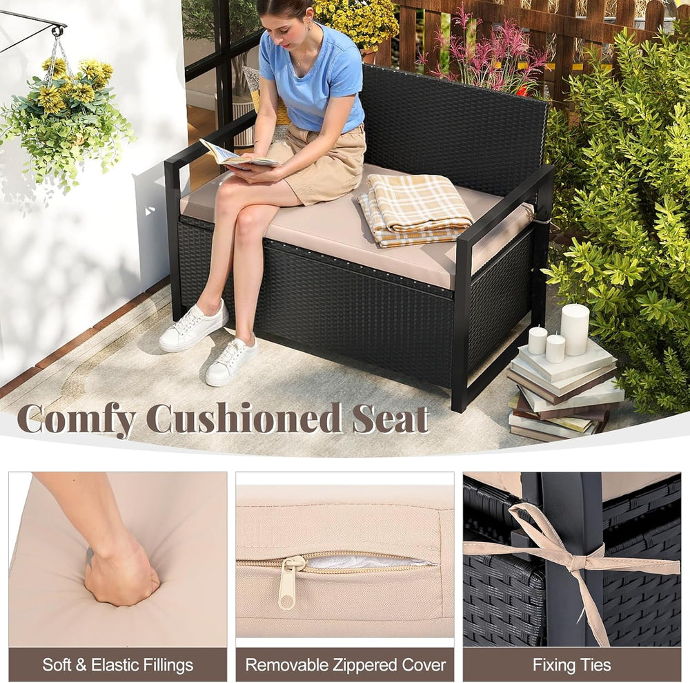 Tangkula 40 Gallon Rattan Outdoor Bench with Storage & Cushions