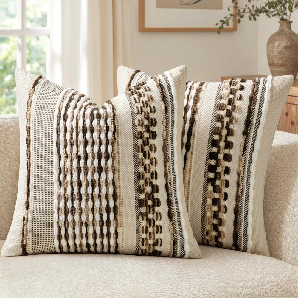 ANRODUO Boho Decorative Pillow Covers Dark Brown Stripe 20x20 Pack of 2