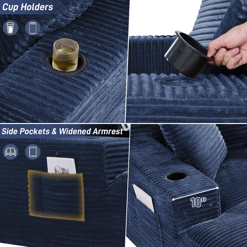 50" x 68" Corduroy Chaise Lounge, Cup Holders, Blue