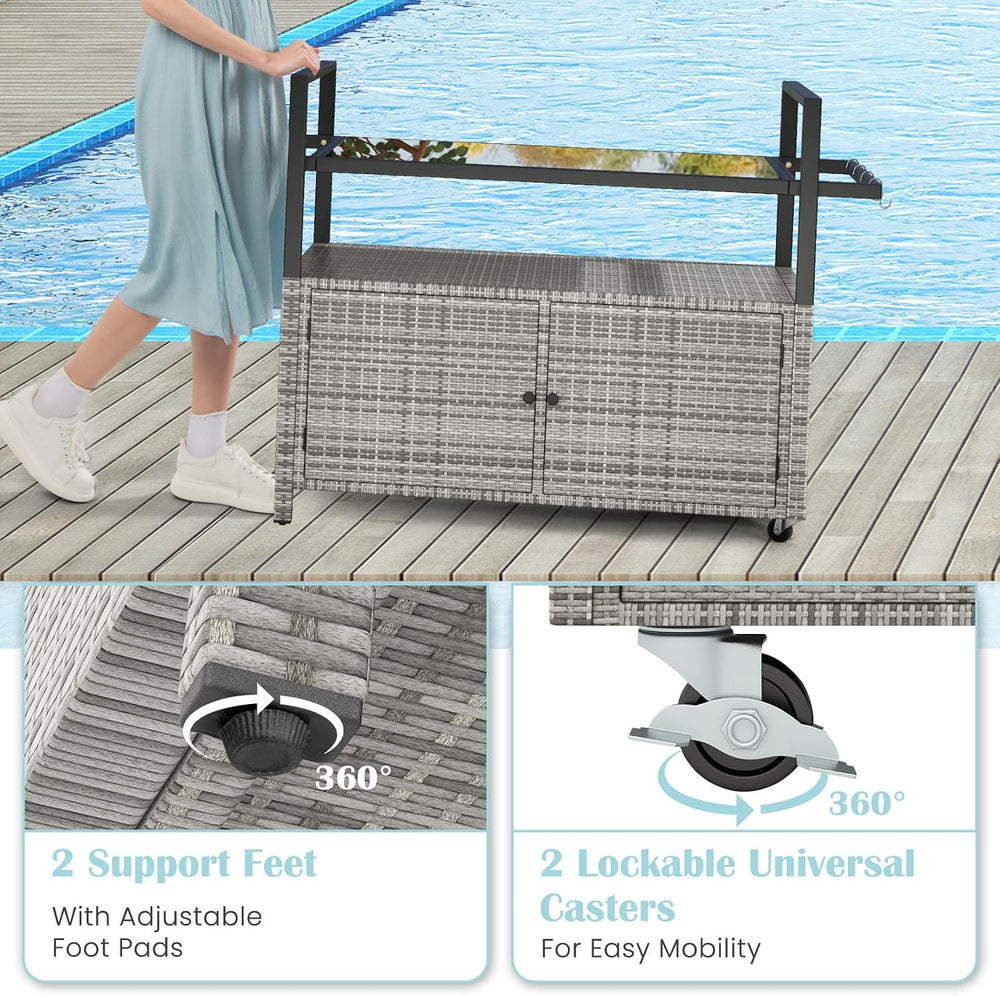 Tangkula Wicker Rolling Outdoor Bar Cart with Tempered Glass Table, Gray