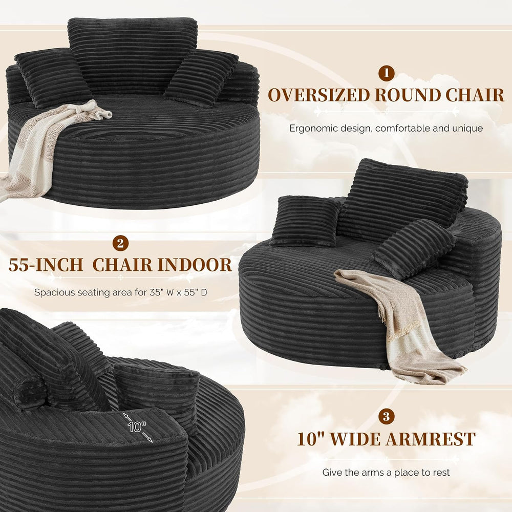 Luxanimarion Oversized Round Chaise Lounge Chair with Pillows, Modern 55'...