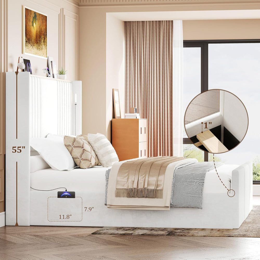 55" Tall King Size Platform Bed Frame with 2 Reading Lights, Cream
