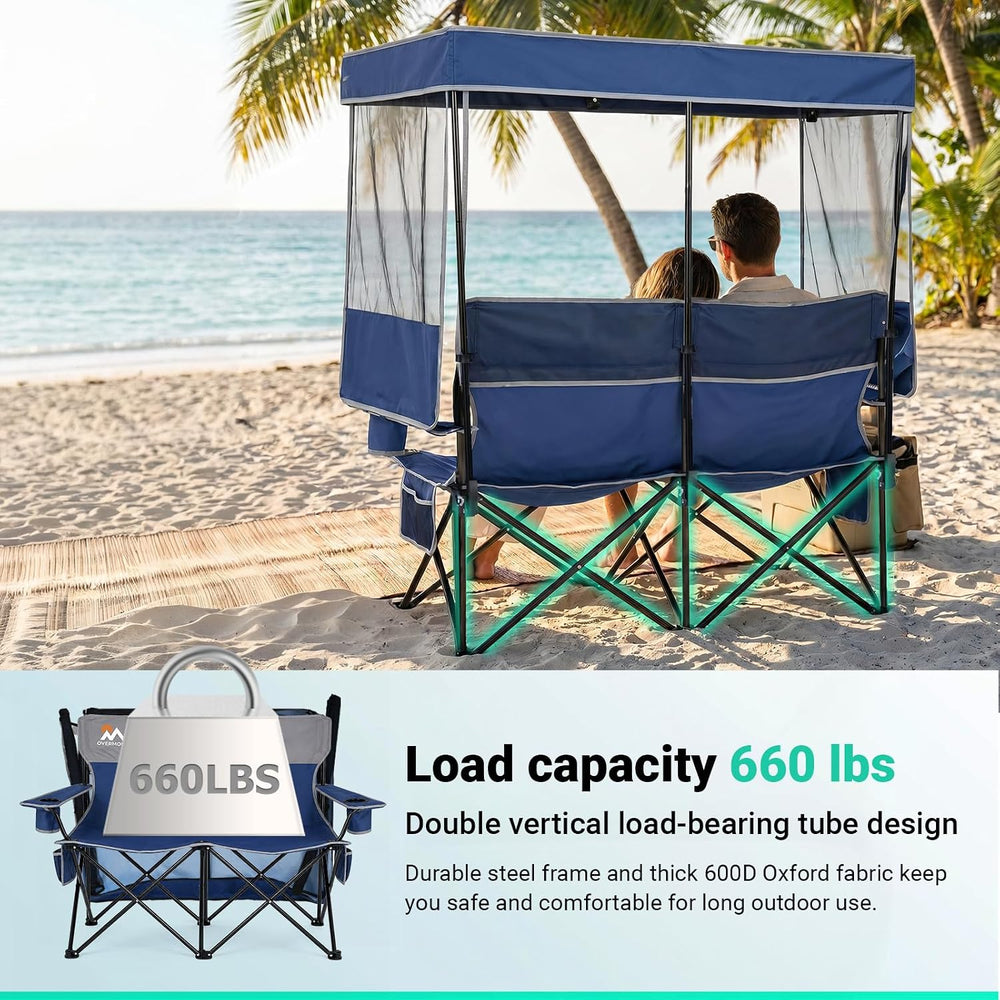 Overmont Camping Chair with Canopy- Folding Double Loveseat Chair with Adjust...