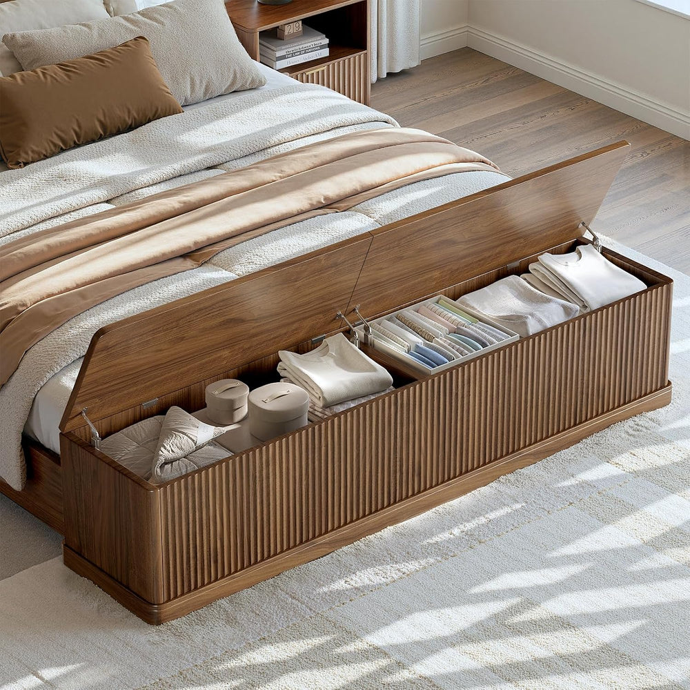 Evermagin Fluted Walnut King Bed Frame with 51'' Headboard & Stor...