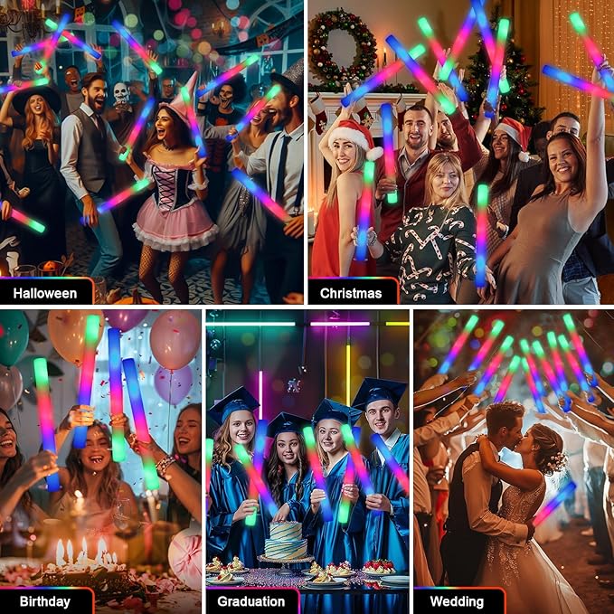 55 PCS Foam Glow Sticks, Foam Light Up Sticks Party Supplies with 3 Mode Colo...