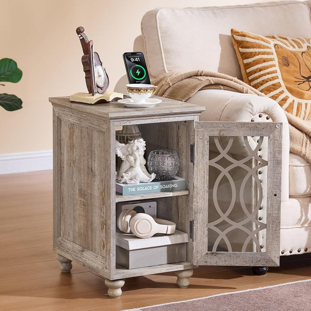 Joaxswe Narrow Side Table with Charger, Glass Door Storage