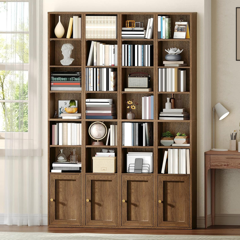 RALGEND 7-Tier Tall Narrow Bookshelf with Door, DVD Media Tower Rack