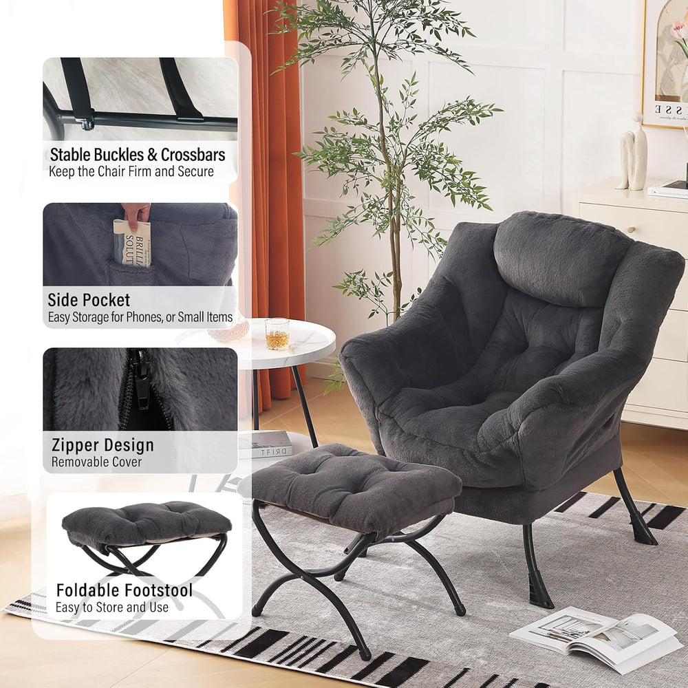 Furlide Lazy Chair with Ottoman, Soft Comfy Chair for Bedroom, Navy
