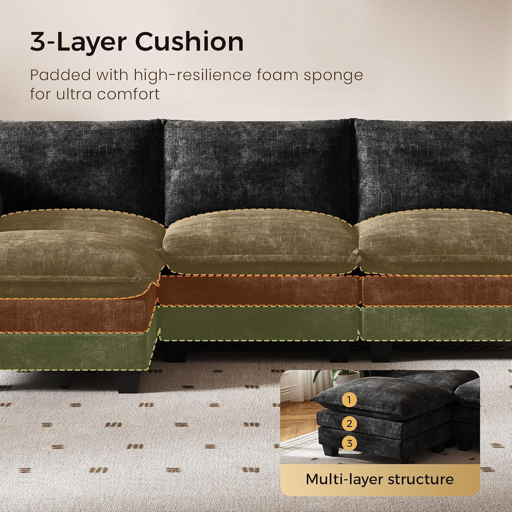 KKL Modular Sectional Sofa, L-Shaped 4 Seater Cloud Couch with Ottoman, Cheni...