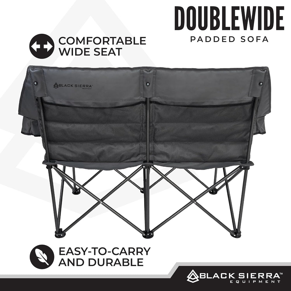 Black Sierra Double Camping Chair Loveseat, Oversized Padded, 600 lb