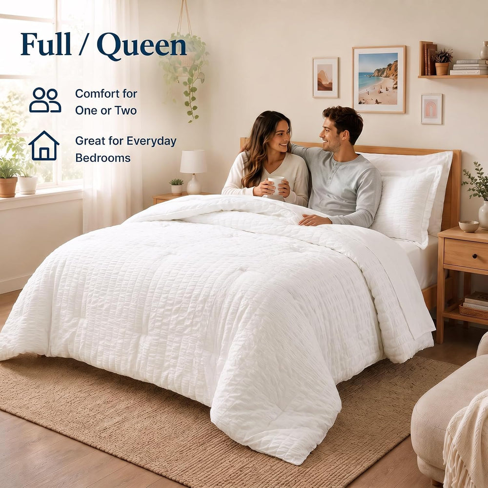 CozyLux Queen Comforter Set, 7 Pieces White Seersucker Bed in a Bag