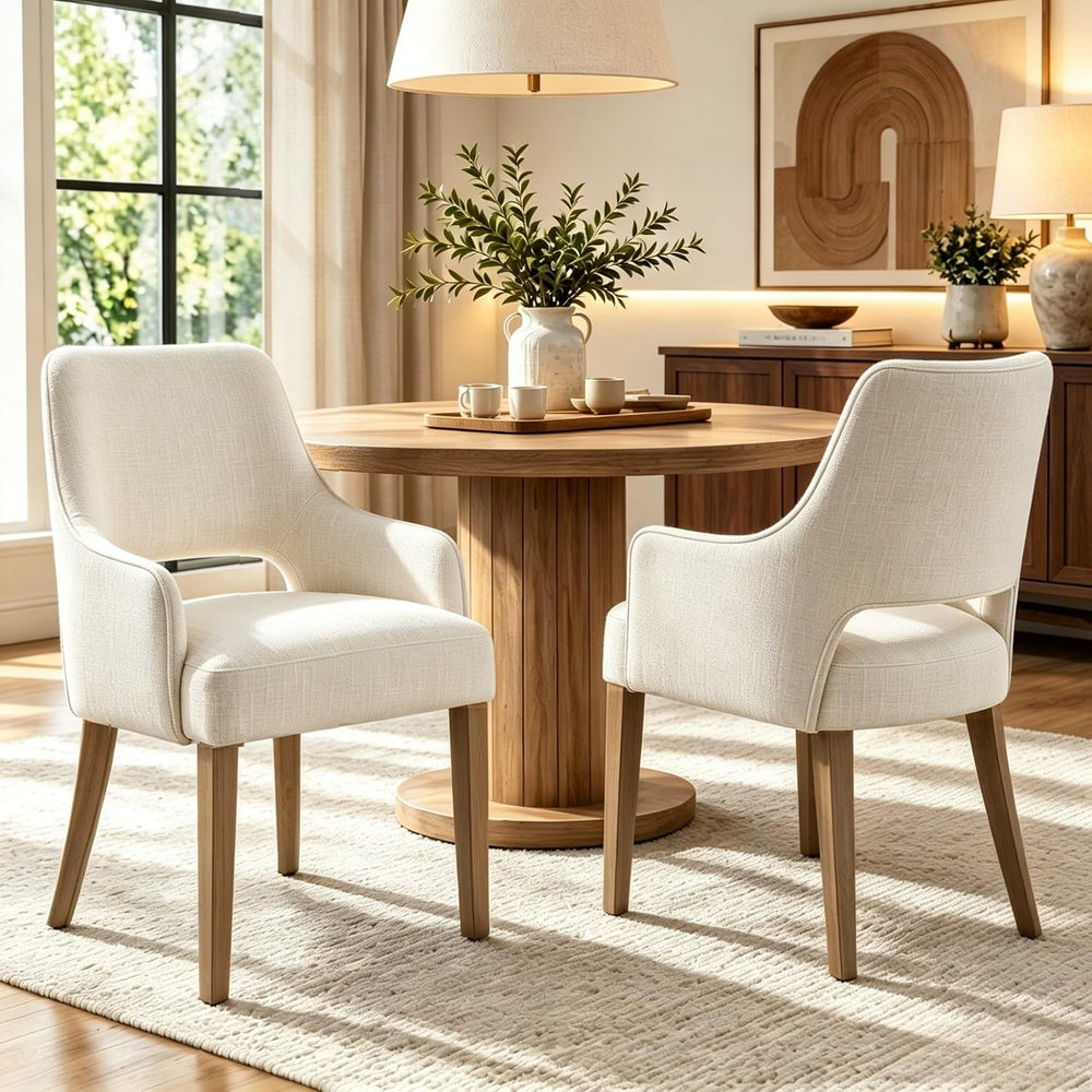 Linen Upholstered Dining Chairs Set of 2 with Arms