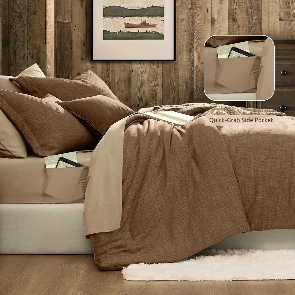 King Size Comforter Set - 7 Pieces Brown Bedding Set Textured Bed in a Bag
