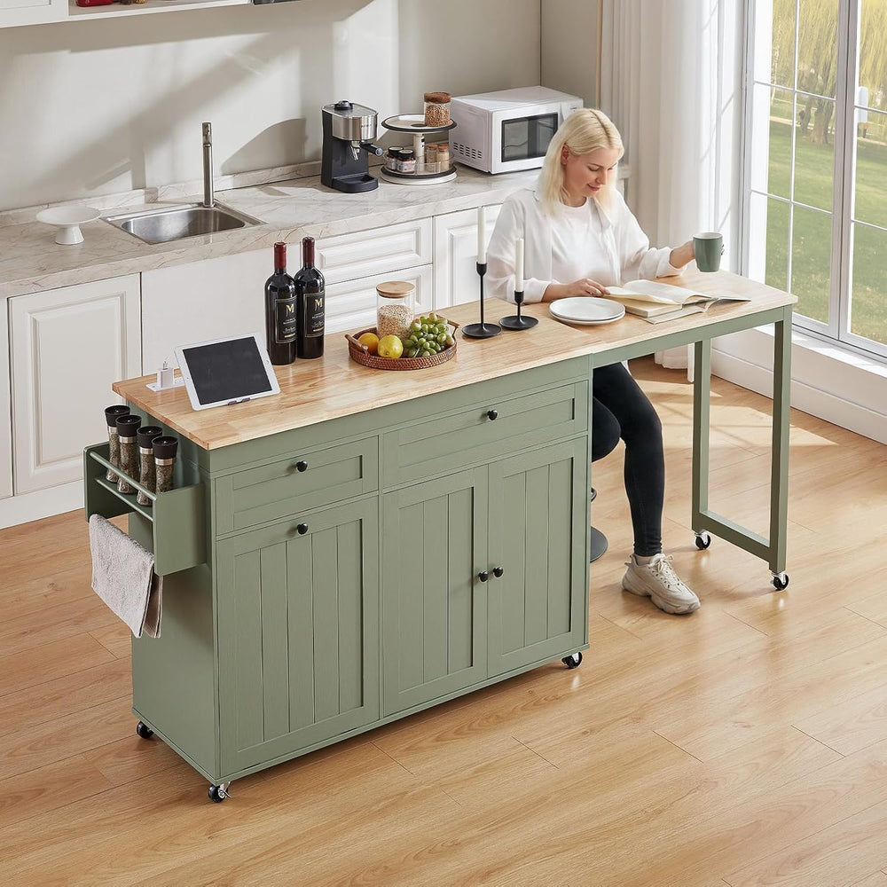 Kitchen Islands with Extendable Dining Table, Mobile Storage Islands, Green