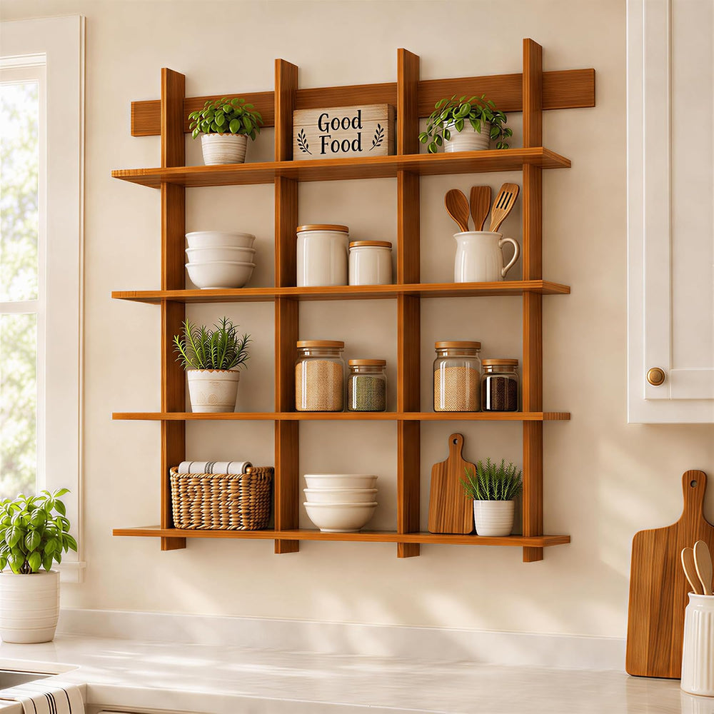 Lauxery 4-Tier Bamboo Wall Mounted Bookshelf, Rustic Brown, 43.3x45.7 in