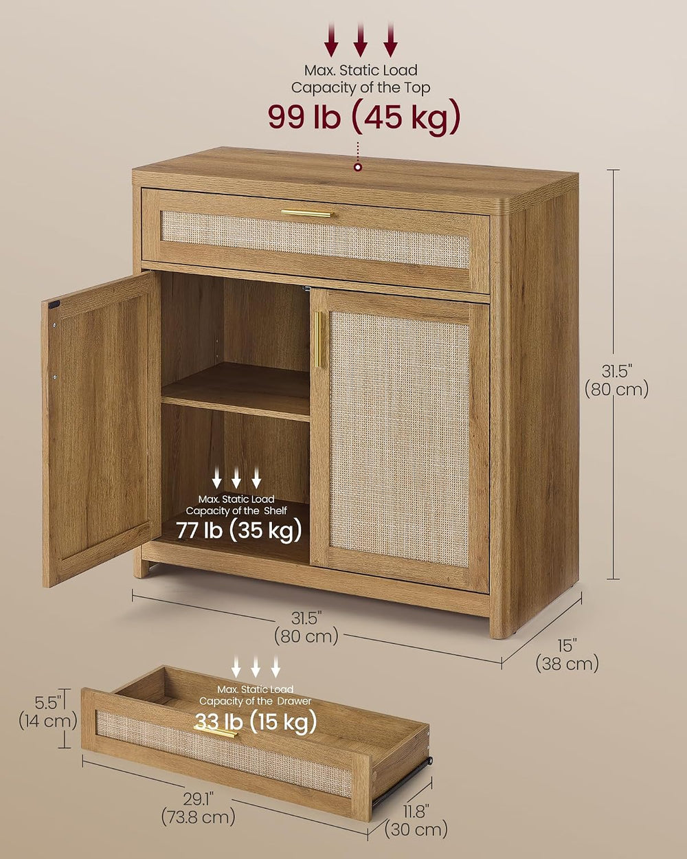 VASAGLE Boho Buffet Cabinets, Set of 2, with Rattan-Look Doors