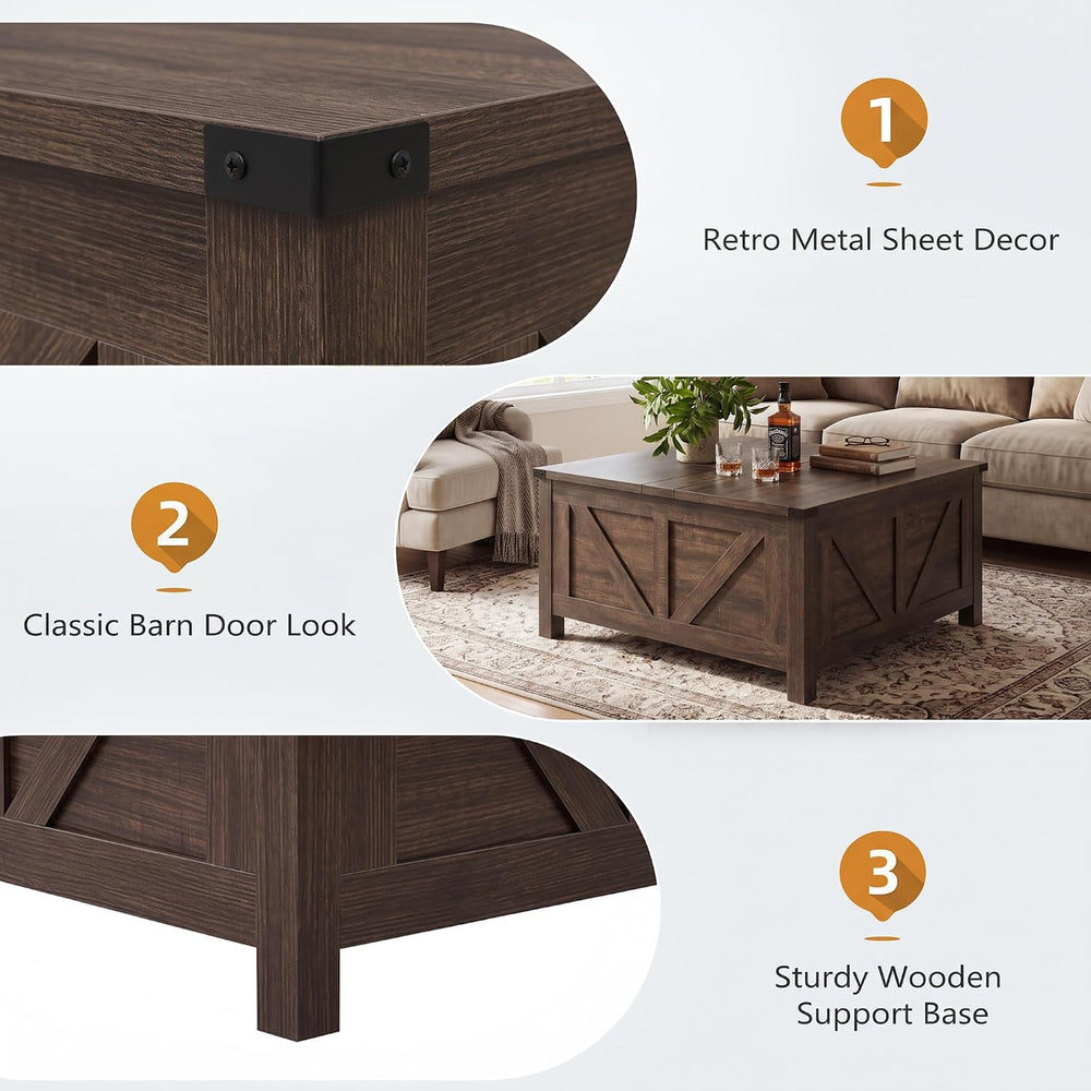 35” Farmhouse Coffee Table, Rustic Center Table with Lift Top