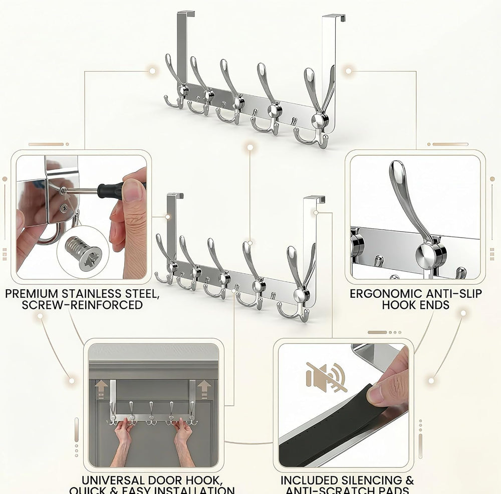 Over The Door Hooks,Coat Rack for Hanging Clothes Hat Towel (Heavy Duty Silve...