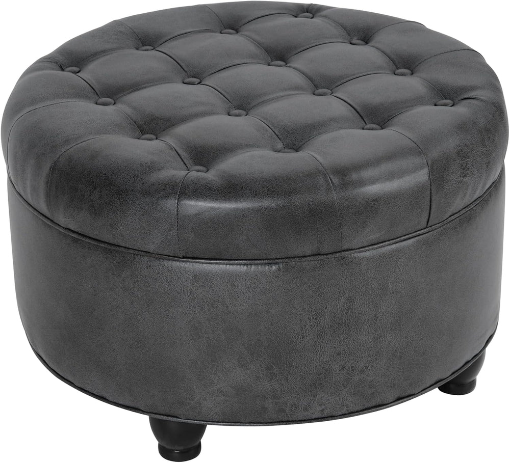HomePop 25" Button Tufted Round Storage Ottoman - Gray Faux Leather