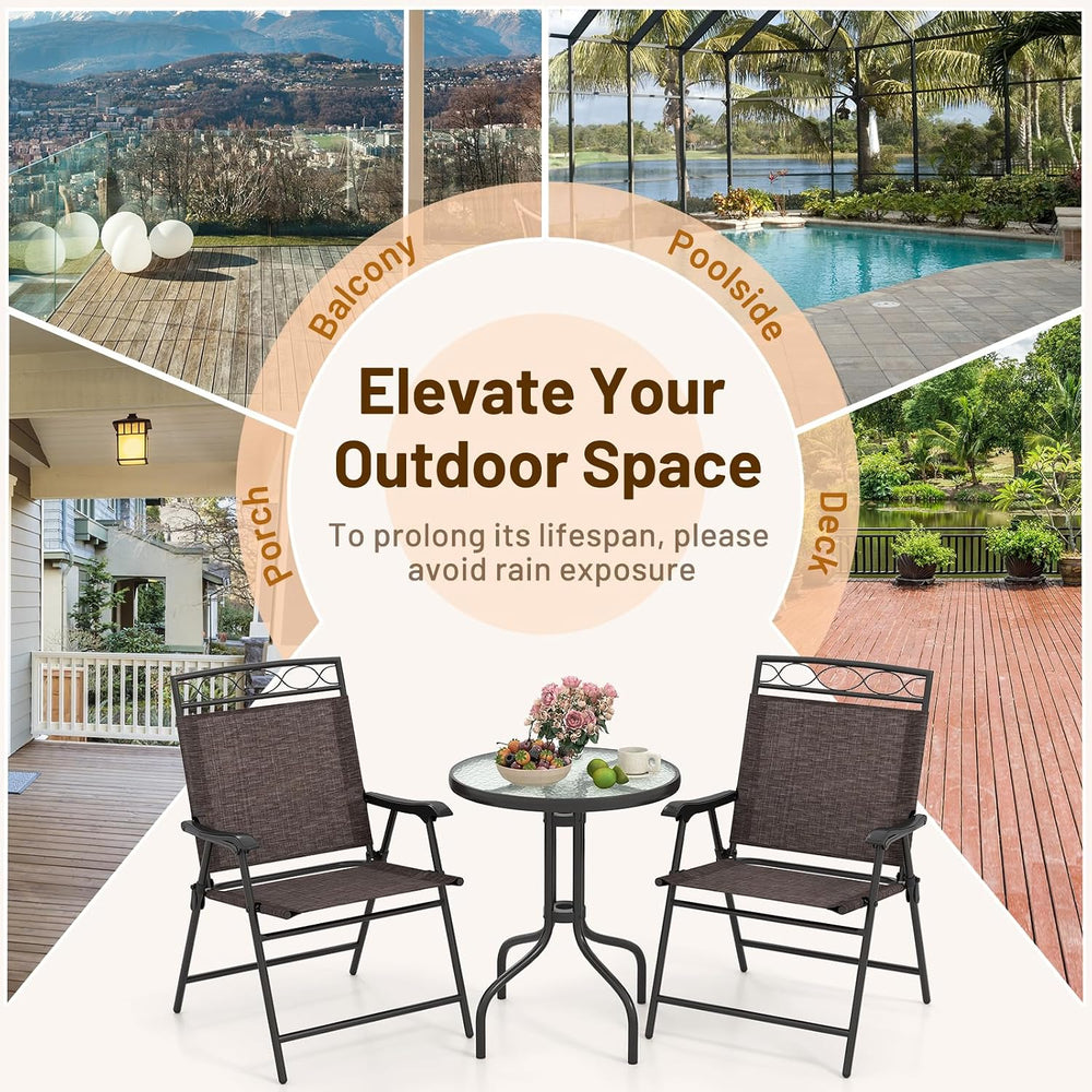 HAPPYGRILL 3 Pieces Patio Dining Set with Round Glass Table, Folding Chairs, ...