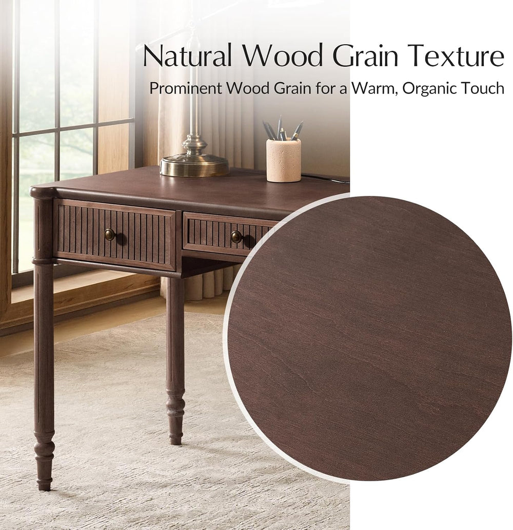 HULALA HOME 60 Inches Fluted Writing Desk with Charging Station, Walnut