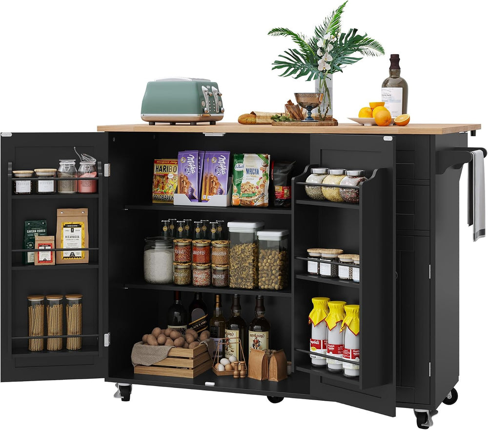 HLR Kitchen Island with Storage, Black Rolling Kitchen Island on Wheels with ...