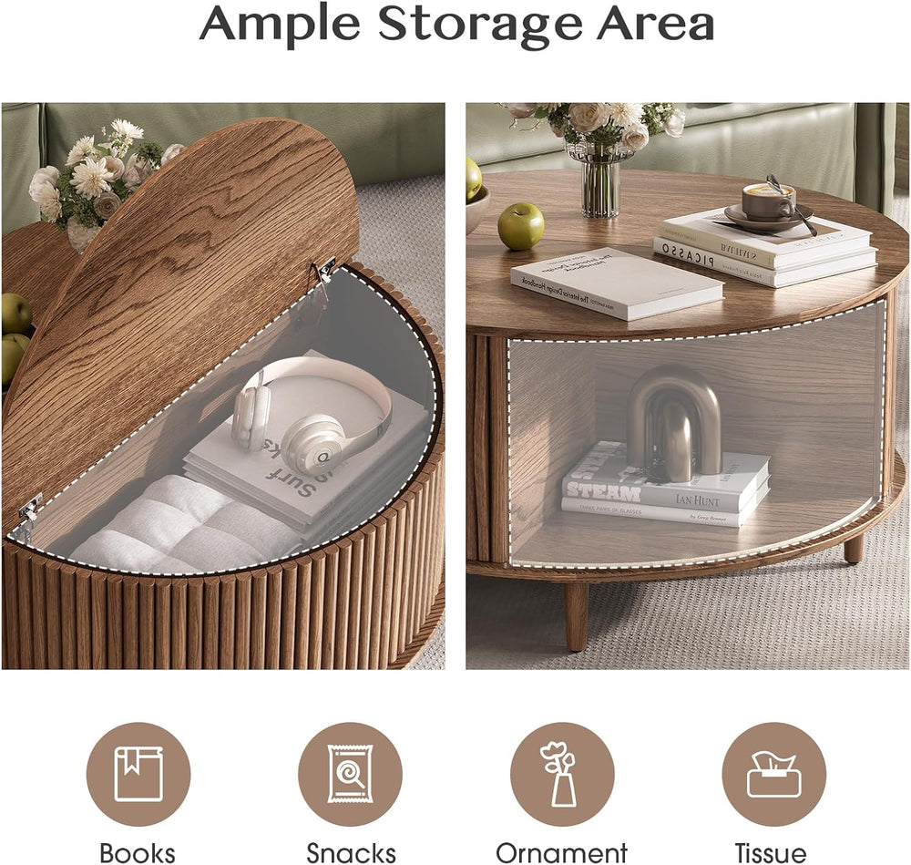 JOINICE 31.5" Round Coffee Table with Storage for Living Room, Walnut