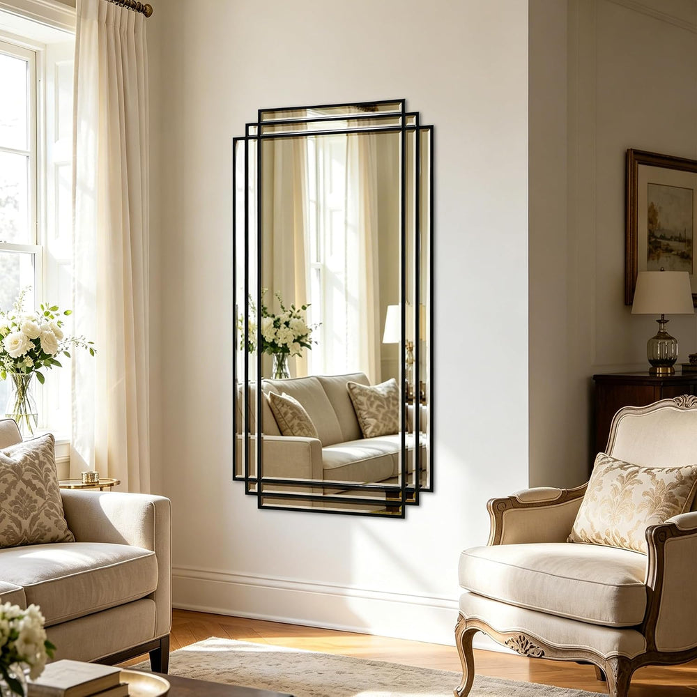 47"x24" Large Rectangle Beveled Mirror with Black Geometric Frame