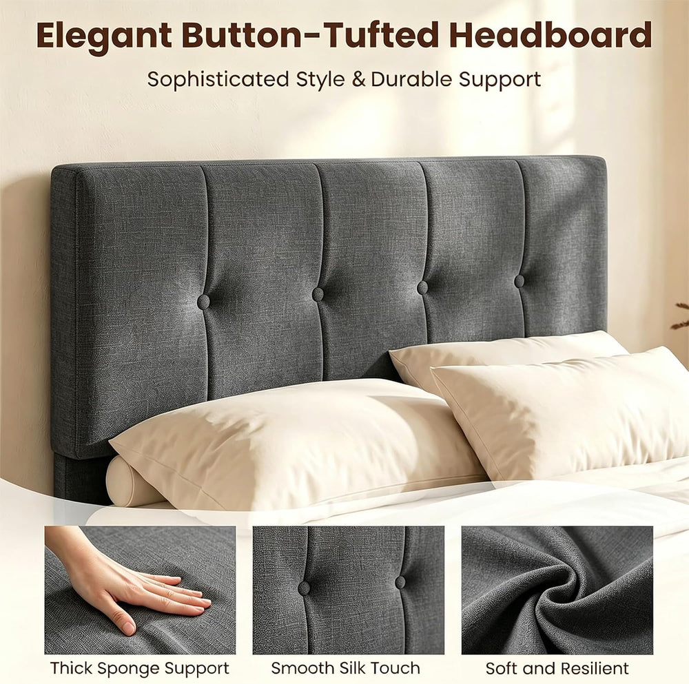 Twin Bed Frame, Completed Linen Upholstered Headboard, Dark Gray