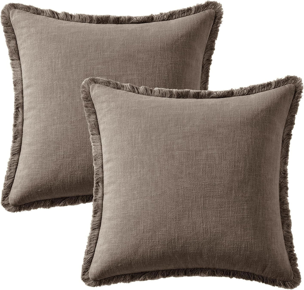 24x24 Inch Set of 2 Euro Linen Fringe Throw Pillow Covers,Coffee