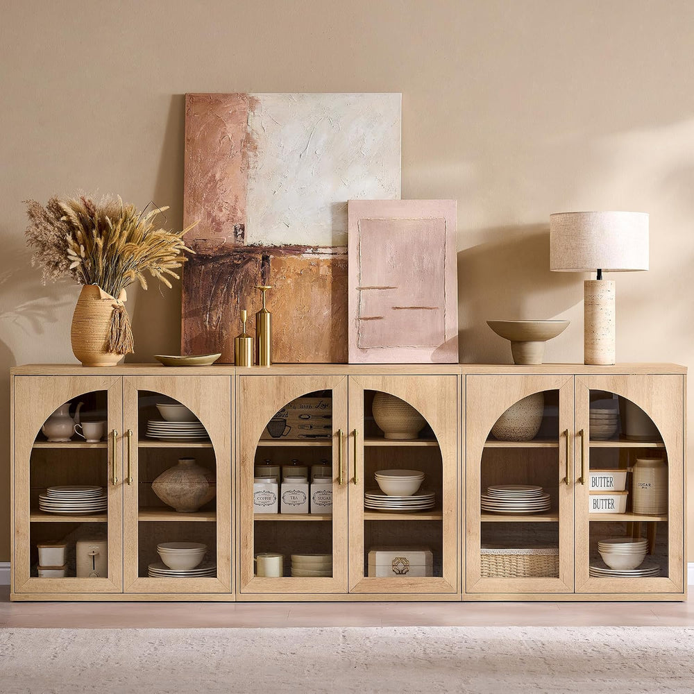 ACCOHOHO Glass Arched Door Sideboard Buffet Cabinet, Natural Oak