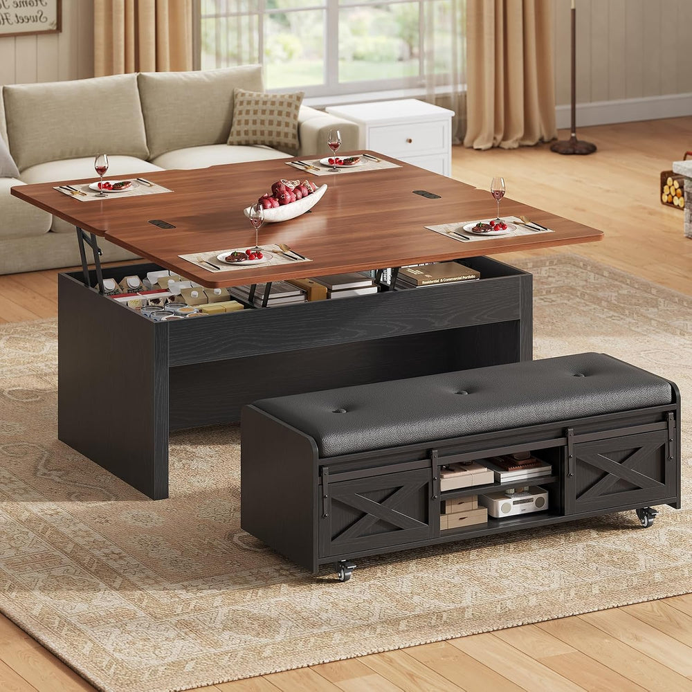 Itaar Lift Top Coffee Table with Storage Bench, Farmhouse Convertible Coffee ...