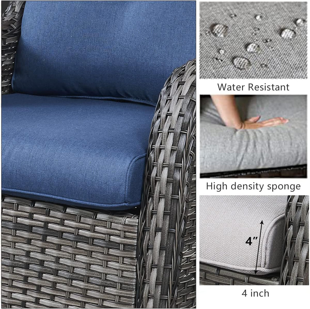 HUMMUH 5 Piece Wicker Patio Set, Sofa & Swivel Rockers, Grey/Blue
