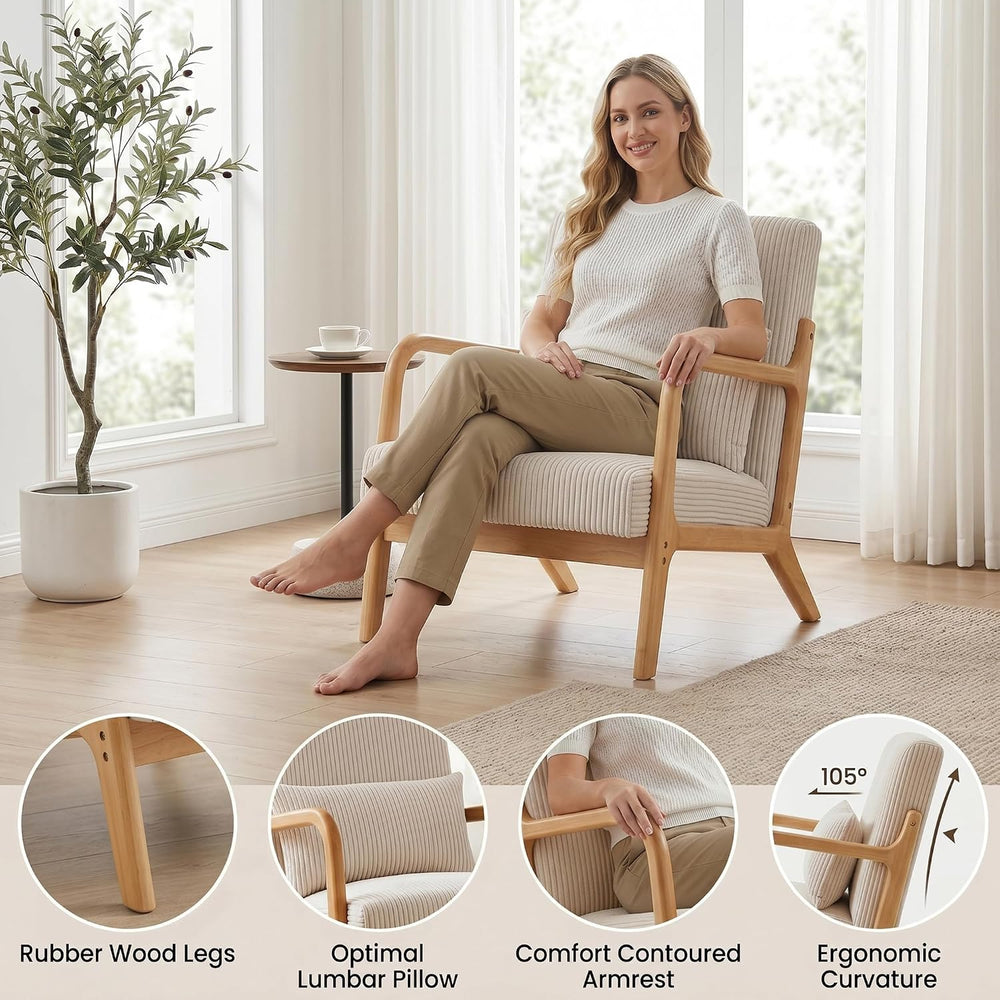 Mid Century Modern Accent Chair, Upholstered Fabric Armchair with Lumbar Pill...