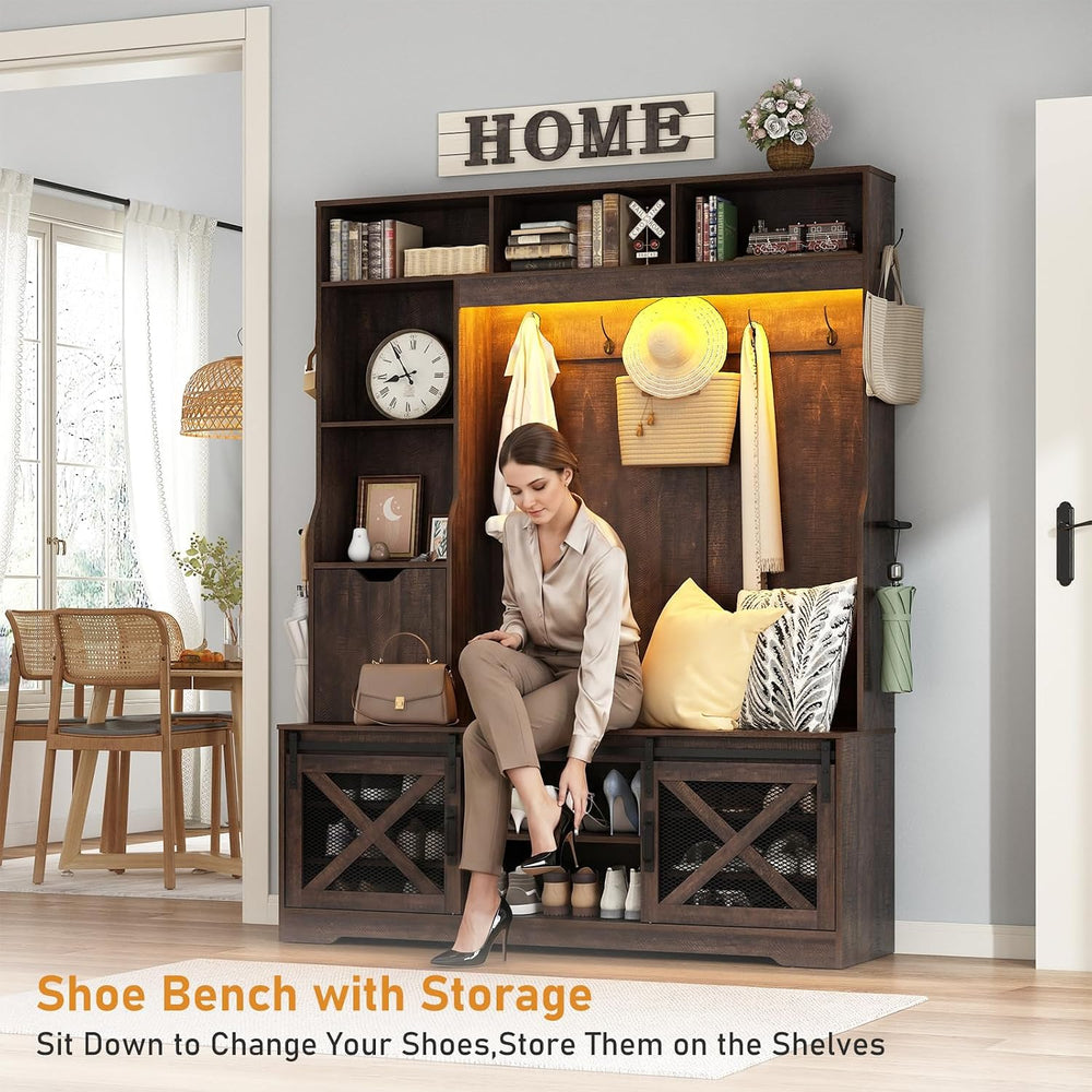 75''H 59''W Large LED Farmhouse Hall Tree with Bench and Shoe...