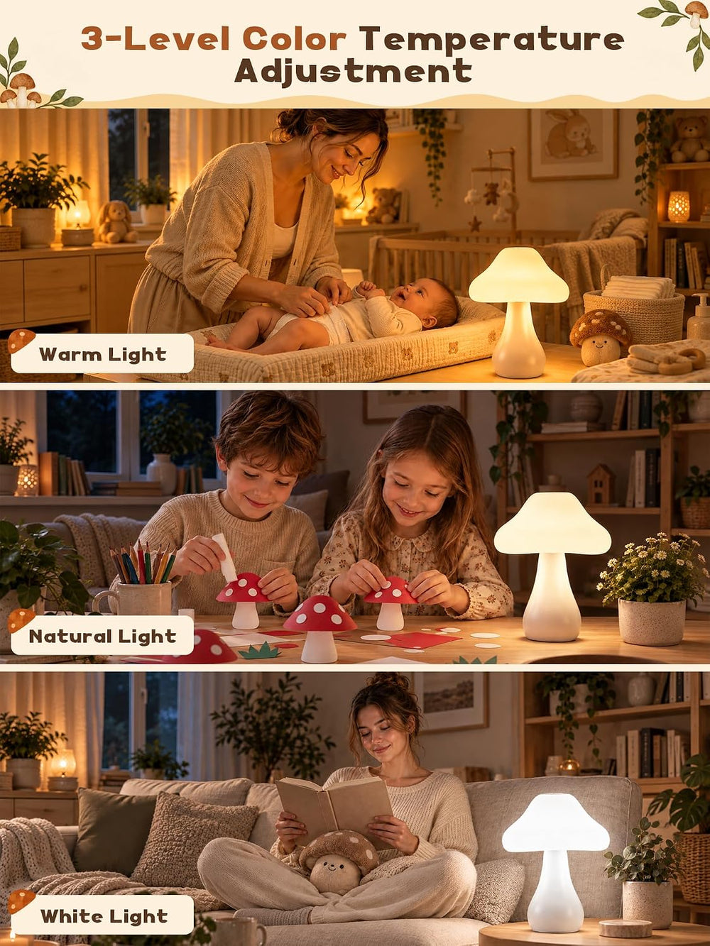 Mushroom Lamp, 10 Colors RGB+10 Brightness Rechargeable Bedside Table Lamp