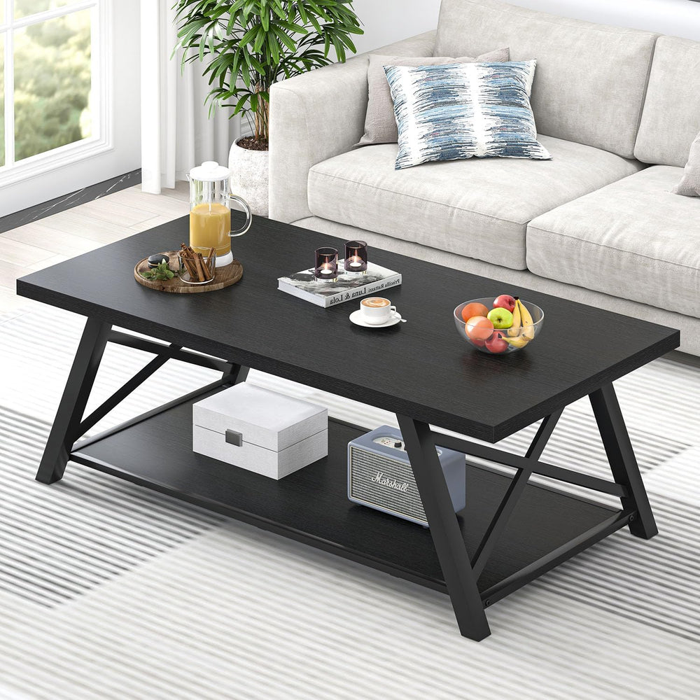 EXCEFUR Black Coffee Table, Modern Wood and Metal Center Table with Storage S...