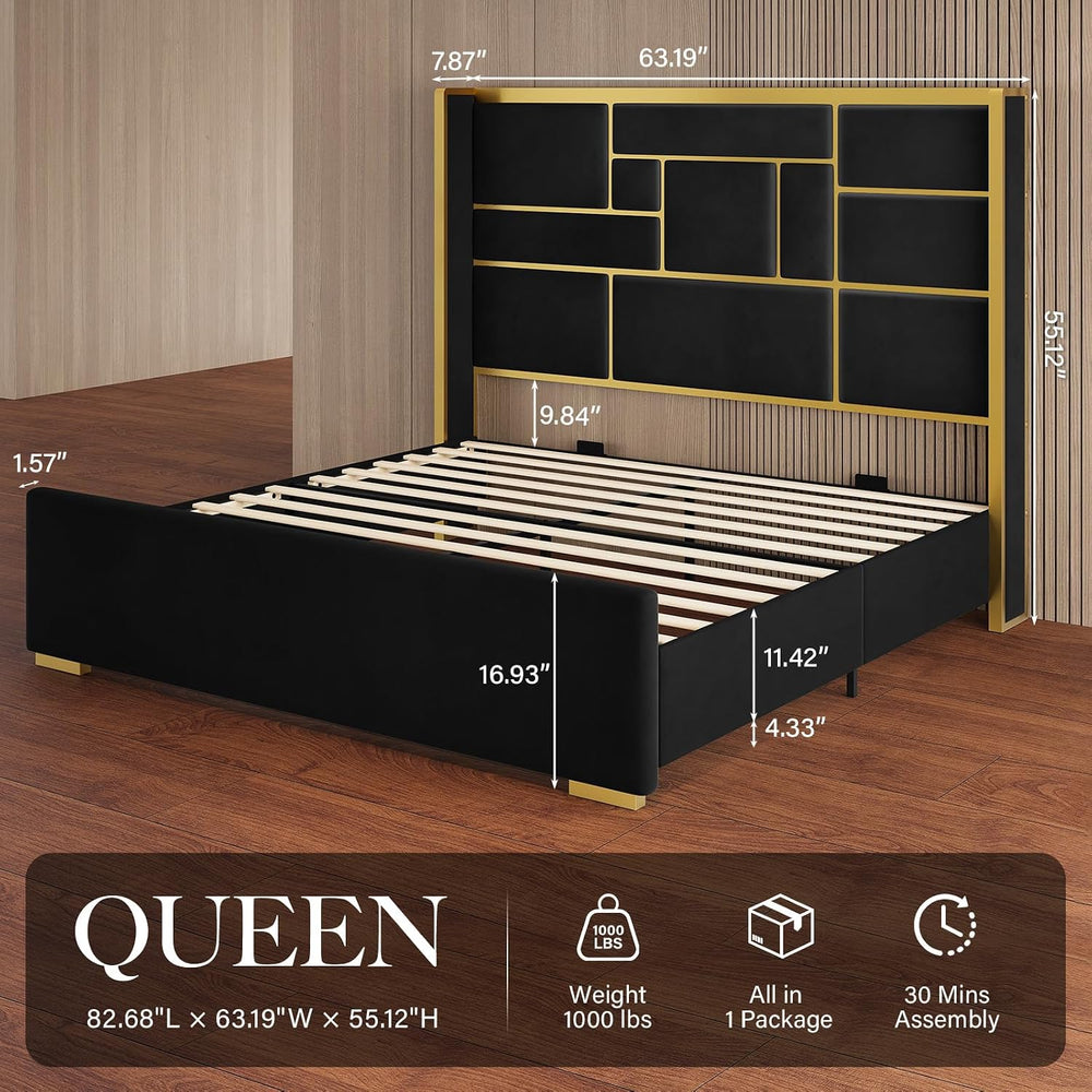 Queen Bed Frame with Gold Trim Headboard, Upholstered Bed, Black