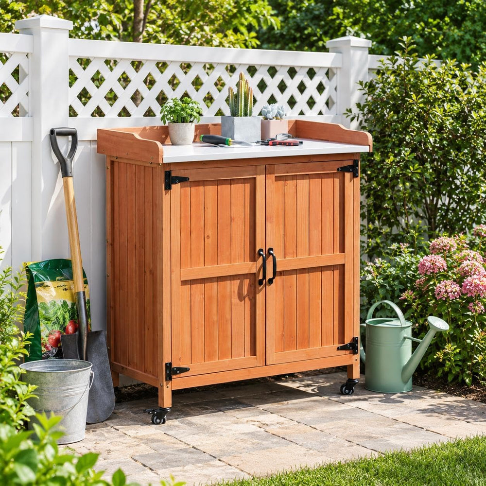 Yaheetech Rolling Potting Bench Outdoor Storage Cabinet, Metal Top, Brown