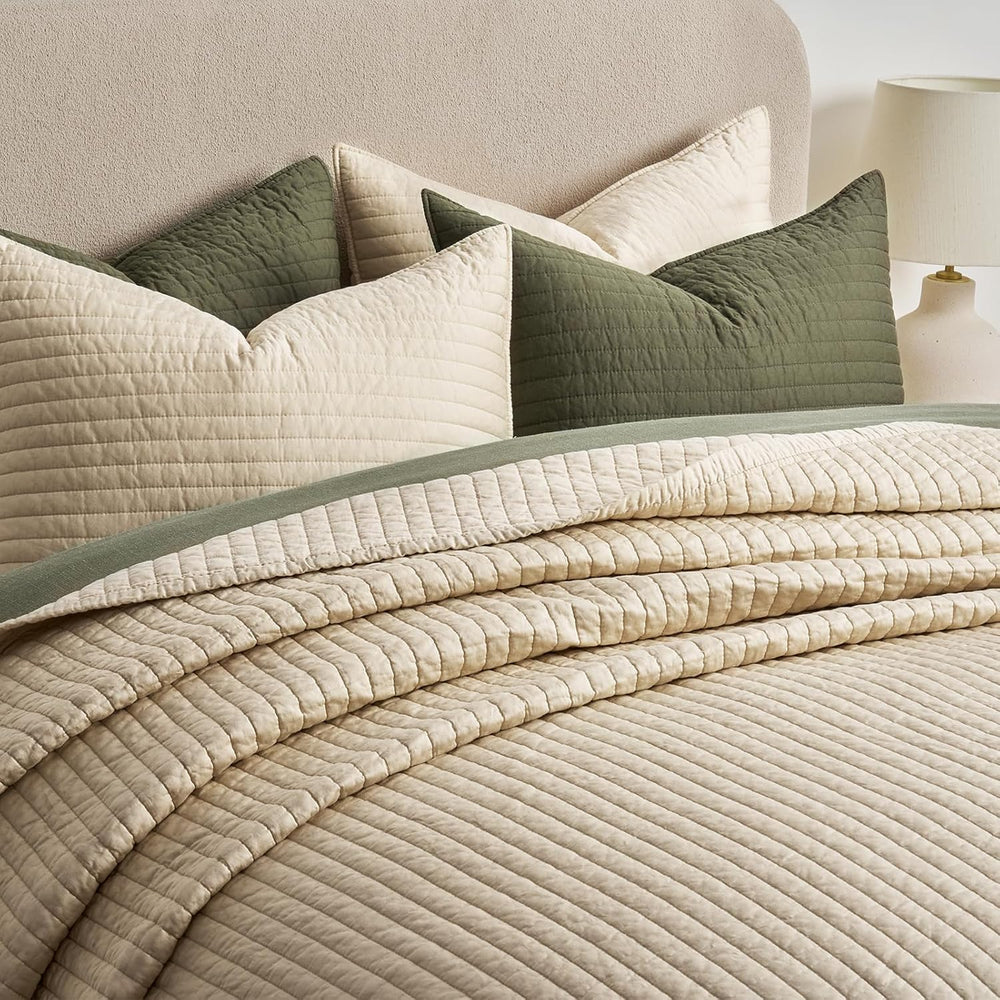 EVERGRACEHOME Cotton Sateen Quilt Set, King Size, Light Sand