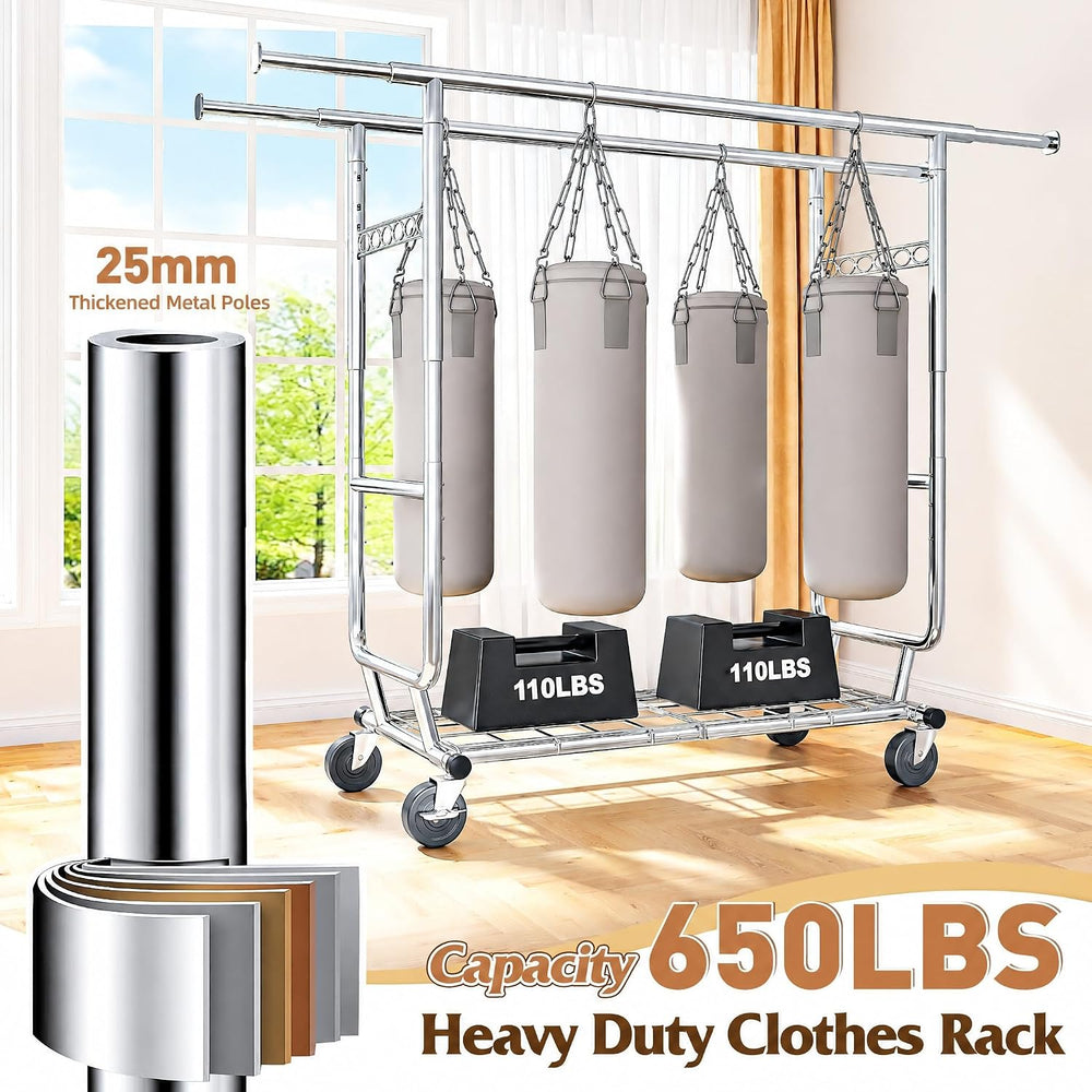 Raybee Heavy Duty Clothes Rack 650LBS Double Rods with Shelf Collapsible