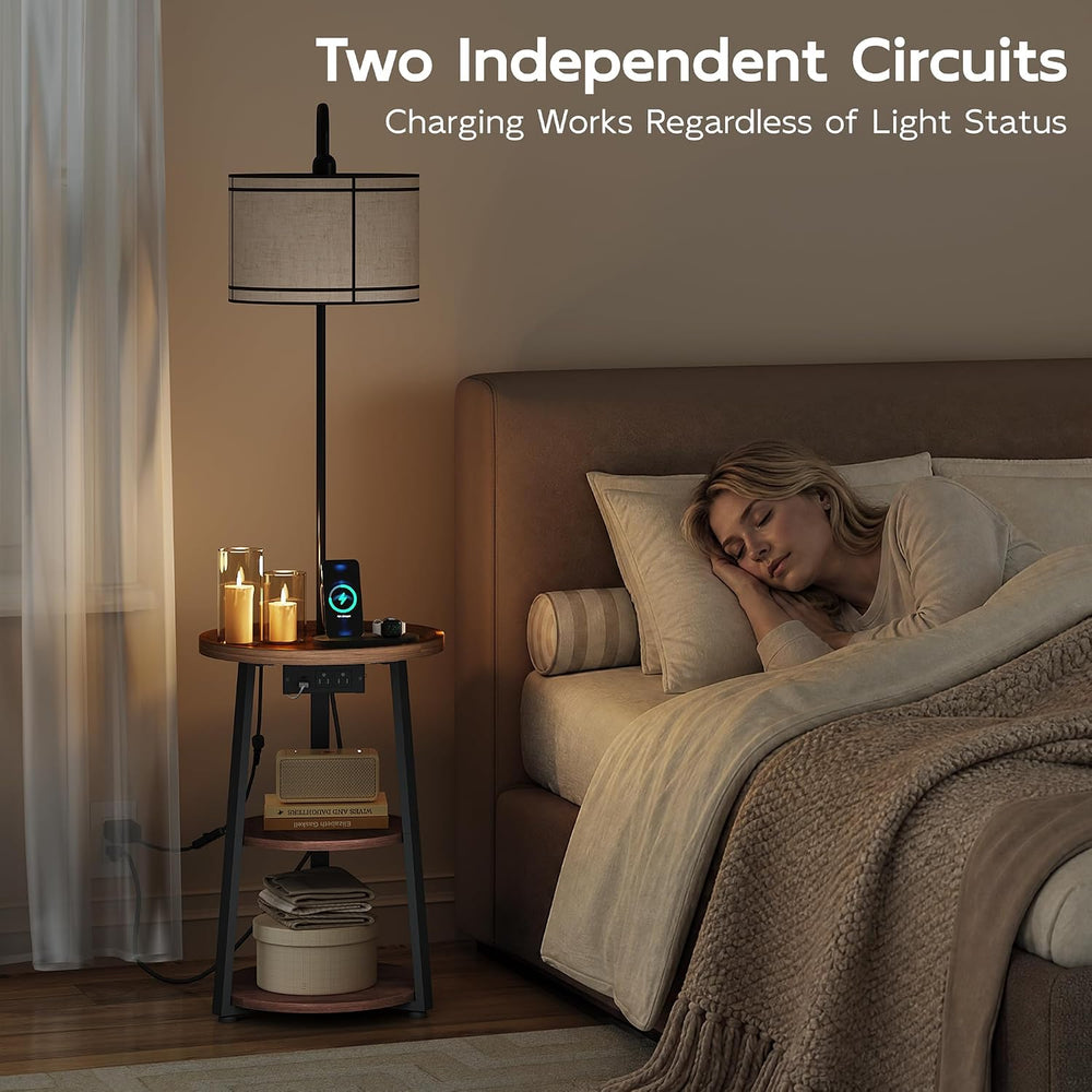 WLIVE Floor Lamp with Table, Round Small Side Table with Charging Station