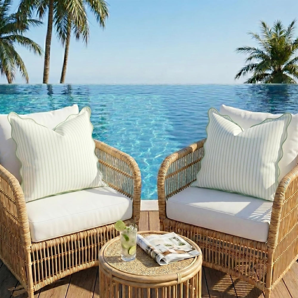 DEZENE 18x18 Green Outdoor Pillow Covers Pack of 2, Striped Scalloped Coastal...