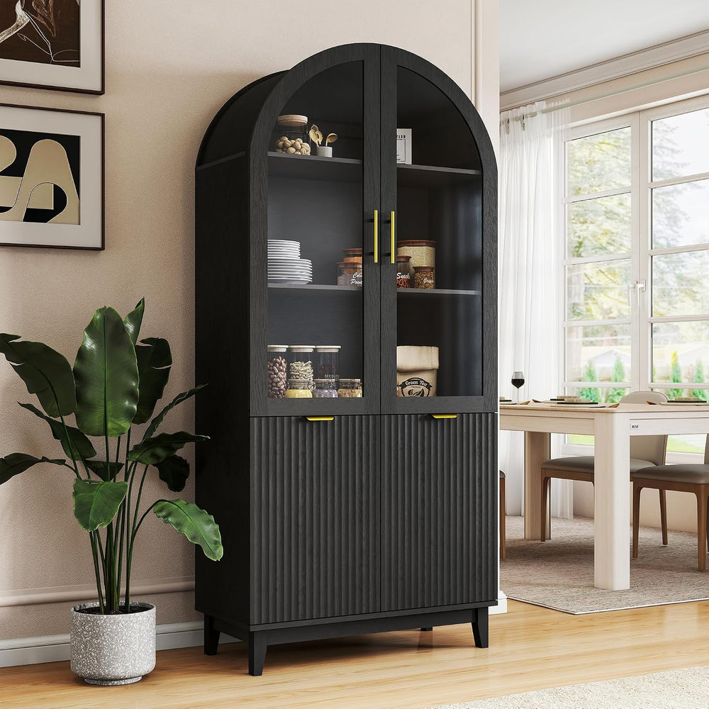 Pamapic 71" Tall Arched Cabinet with Glass Doors, Fluted Kitchen Pantry ...