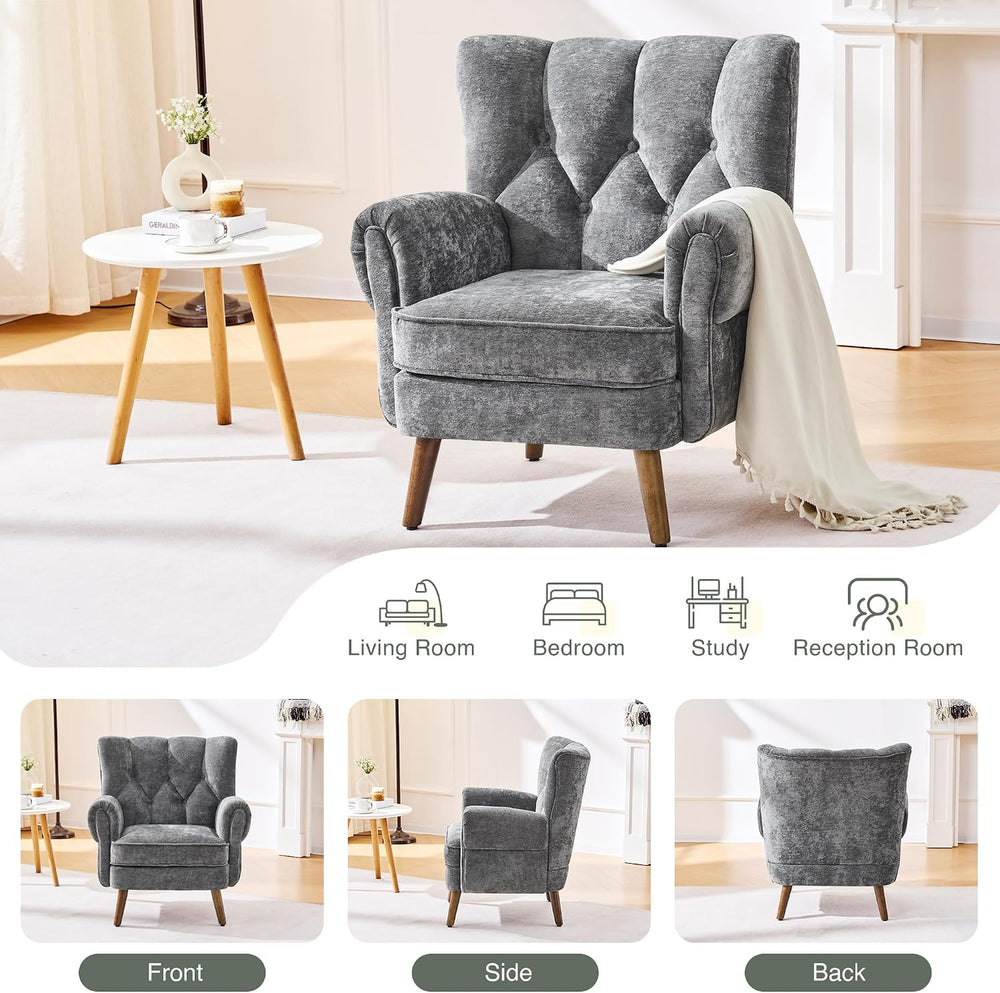 Chenille Wingback Accent Chairs Set of 2, Mid-Century Modern Living Room Armc...