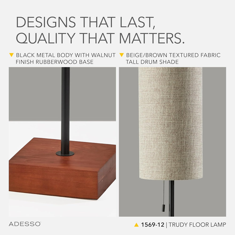 Adesso Floor Lamp, Walnut, Black & Beige Fabric, Modern, 62”